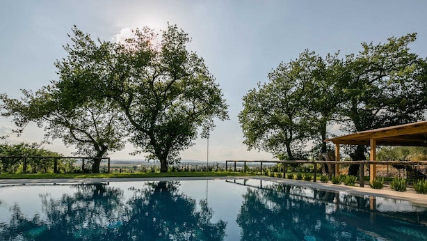 Una piscina exterior tranquila con reflejos nítidos de árboles y una vista distante.