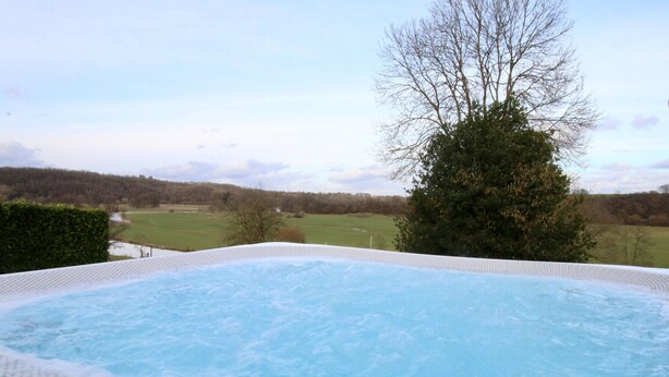 A hot tub with a view of a green landscape and a tree. - Spacious Villa with Hot Tub & Sauna in Ardennes (Somme-Leuze)