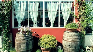 A building with large windows, potted plants, and a red wall. - Apartment Amidst Vineyards & Blue Skies (Coriano)
