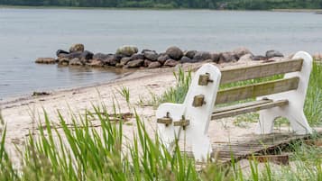 En bænk på en sandstrand med en klippefyldt kystlinje og et vandareal i baggrunden.