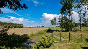 Un paysage rural avec un champ, un petit ruisseau et une clôture.