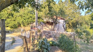 A rustic house with a stone wall and a garden area with various plants and a small pond. - Holiday Home in Tuscany With Private Garden (Pieve Santo Stefano)