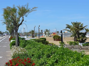 A coastal promenade with a clear sky, a Ferris wheel, and a beach area with palm trees and flower beds.