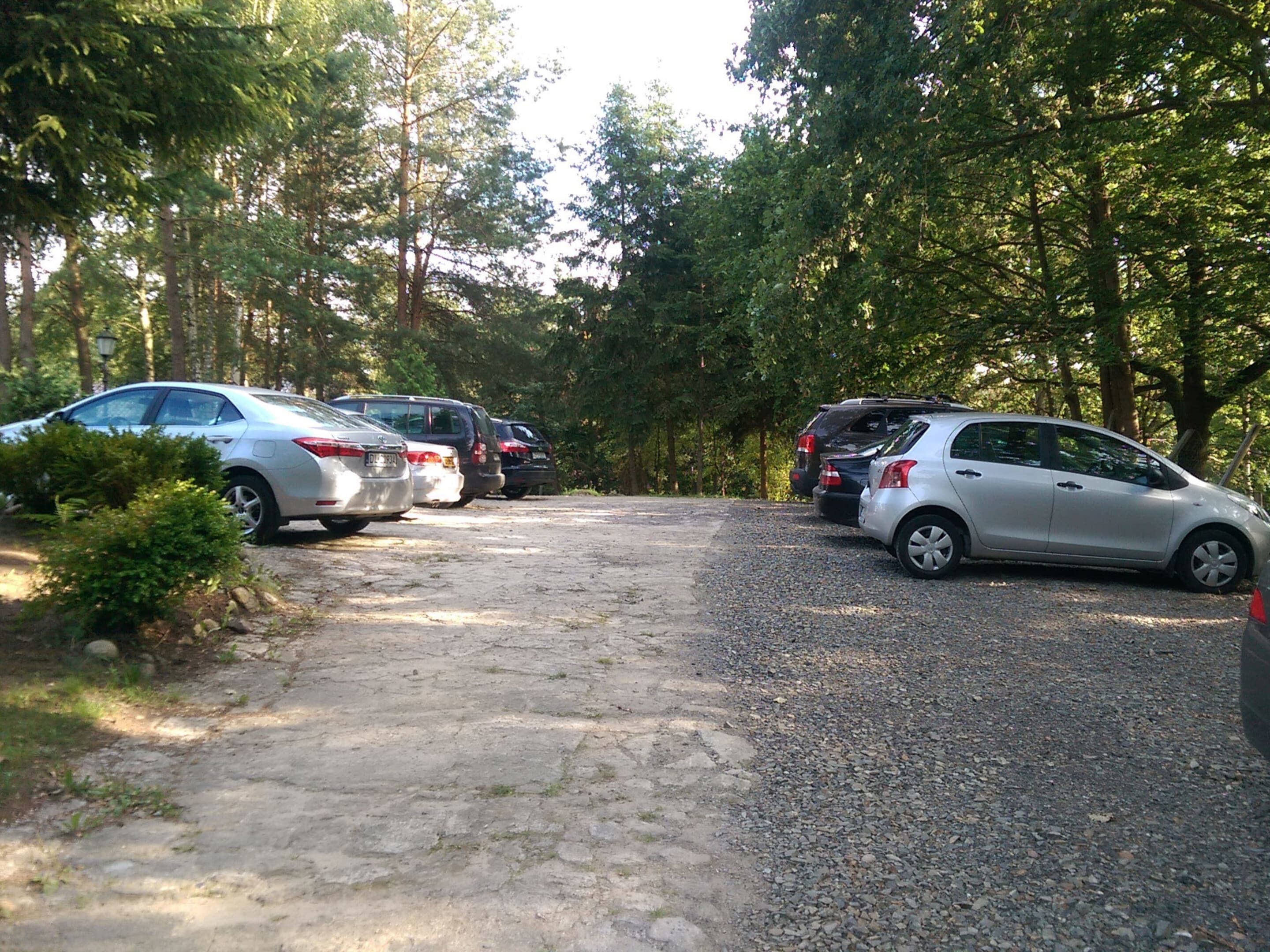 A gravel parking area with several cars parked along a dirt path surrounded by trees.