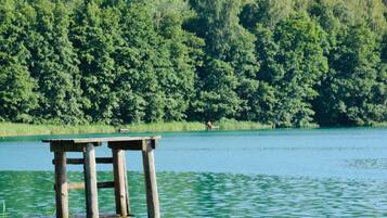 A wooden dock extending into a calm lake surrounded by dense green forest.