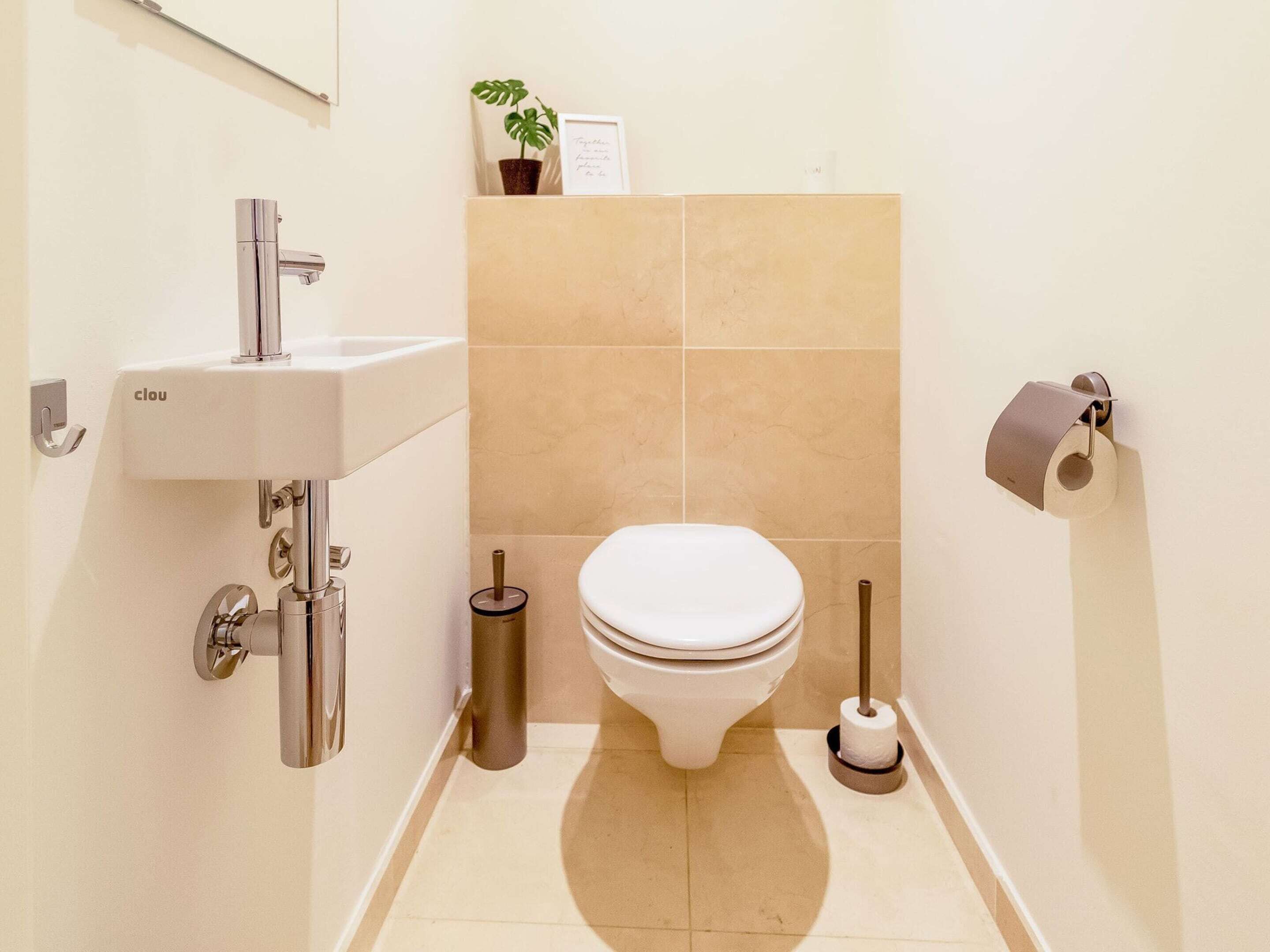 Un baño pequeño con un lavamanos blanco, un inodoro y un dispensador de papel higiénico.