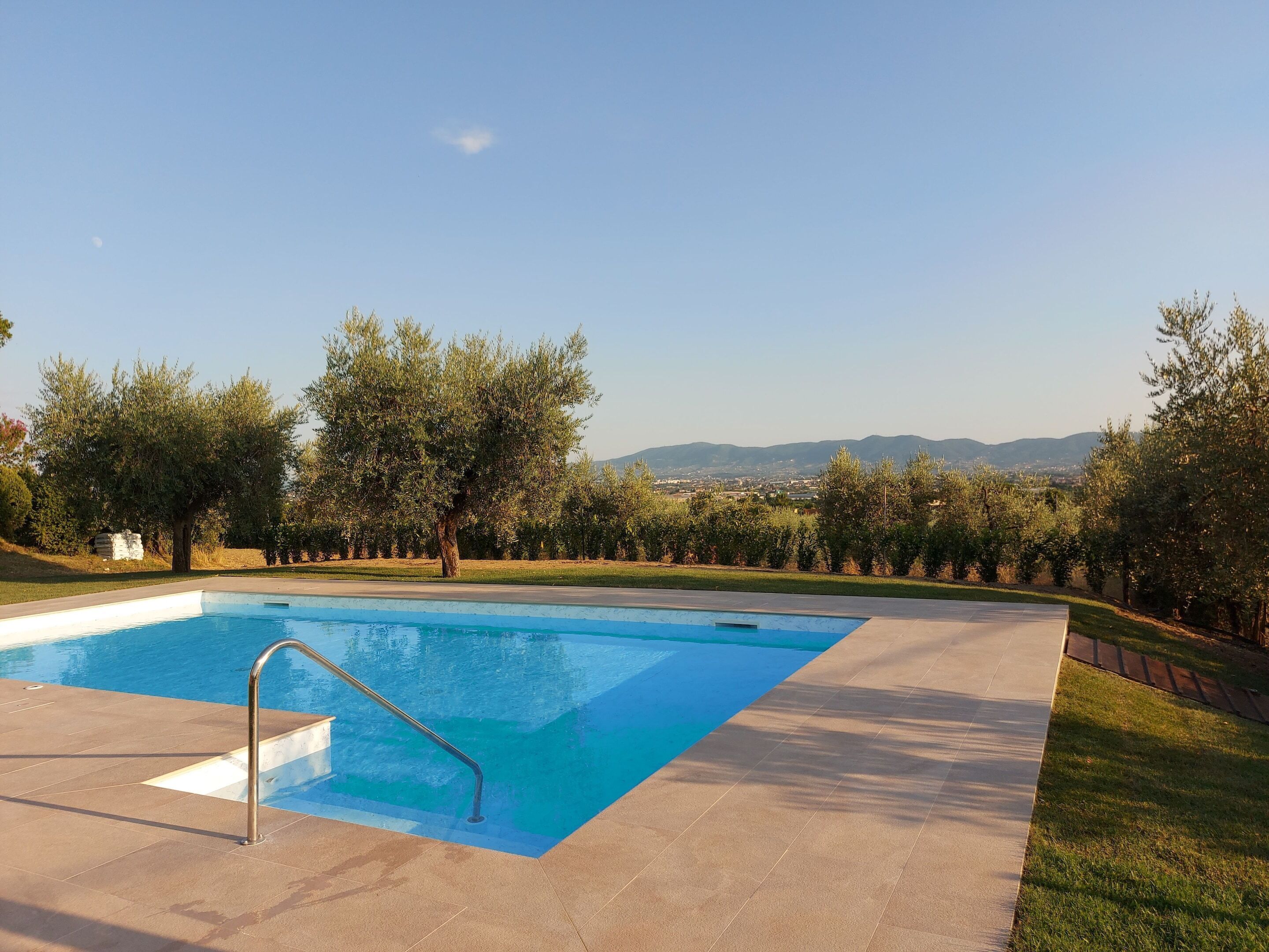 A rectangular swimming pool with a metal ladder, surrounded by a paved deck.