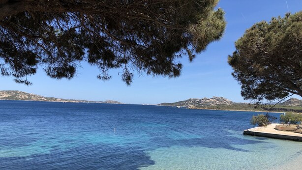 Une vue dégagée sur la côte, avec une jetée qui s’avance dans l’eau, entourée d’arbres et de collines en arrière-plan.
