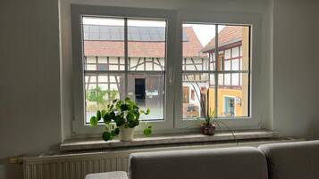 A room with a radiator, a window with a view of traditional buildings, and a plant on the windowsill.