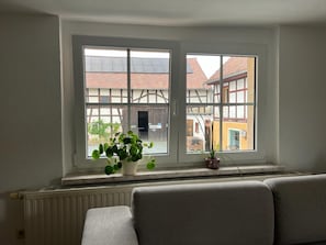 Una habitación con un radiador, una ventana con vistas a edificios tradicionales y una planta en el alféizar.