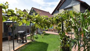 A residential backyard with a well-maintained lawn, a pergola with grapevines, a barbecue area, and a stone wall. - Pleasant Apartment in Veckenstedt near Ilsenburg (Nordharz)