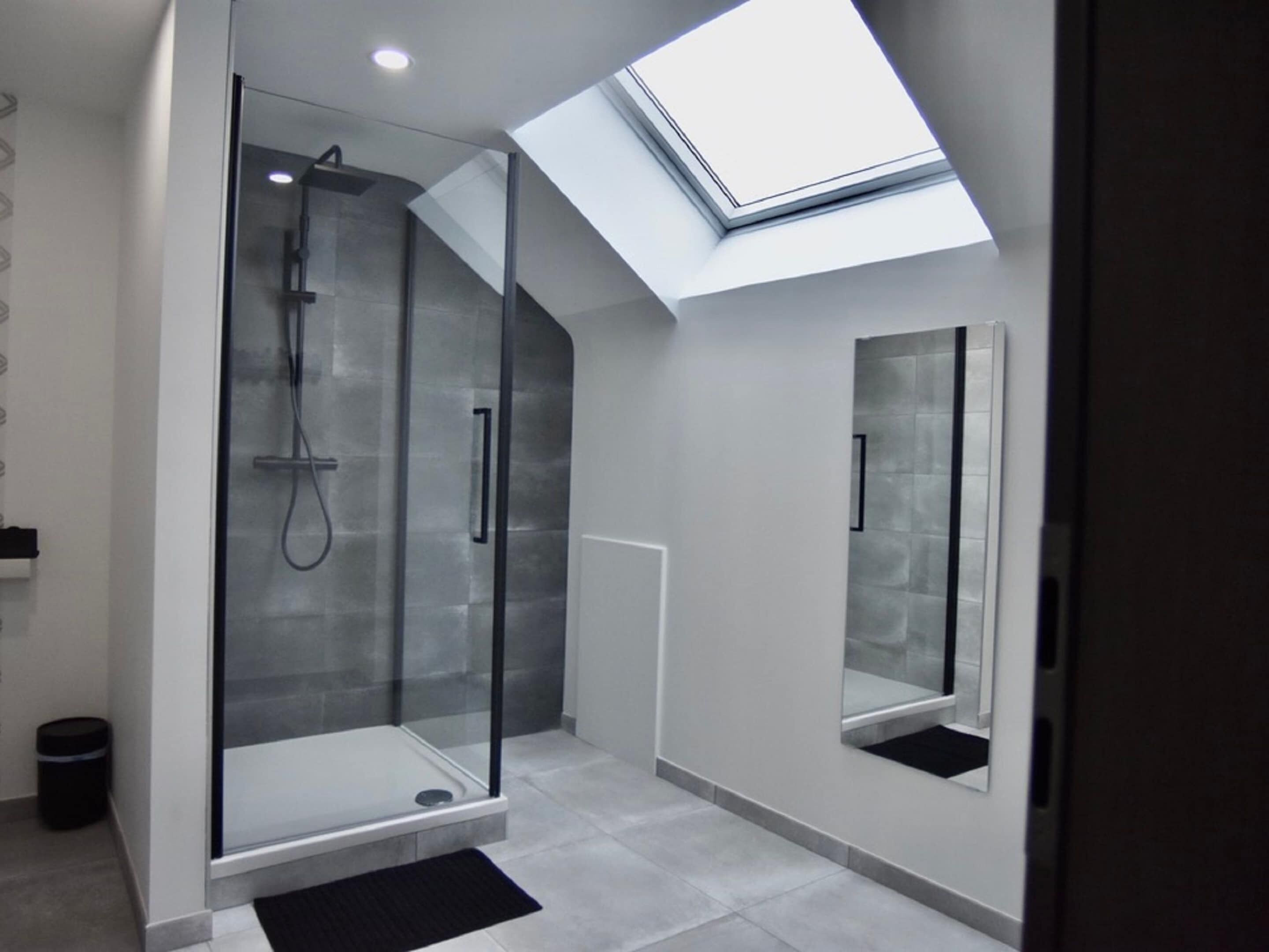 A modern bathroom with a glass-enclosed shower, a skylight, and a large mirror.