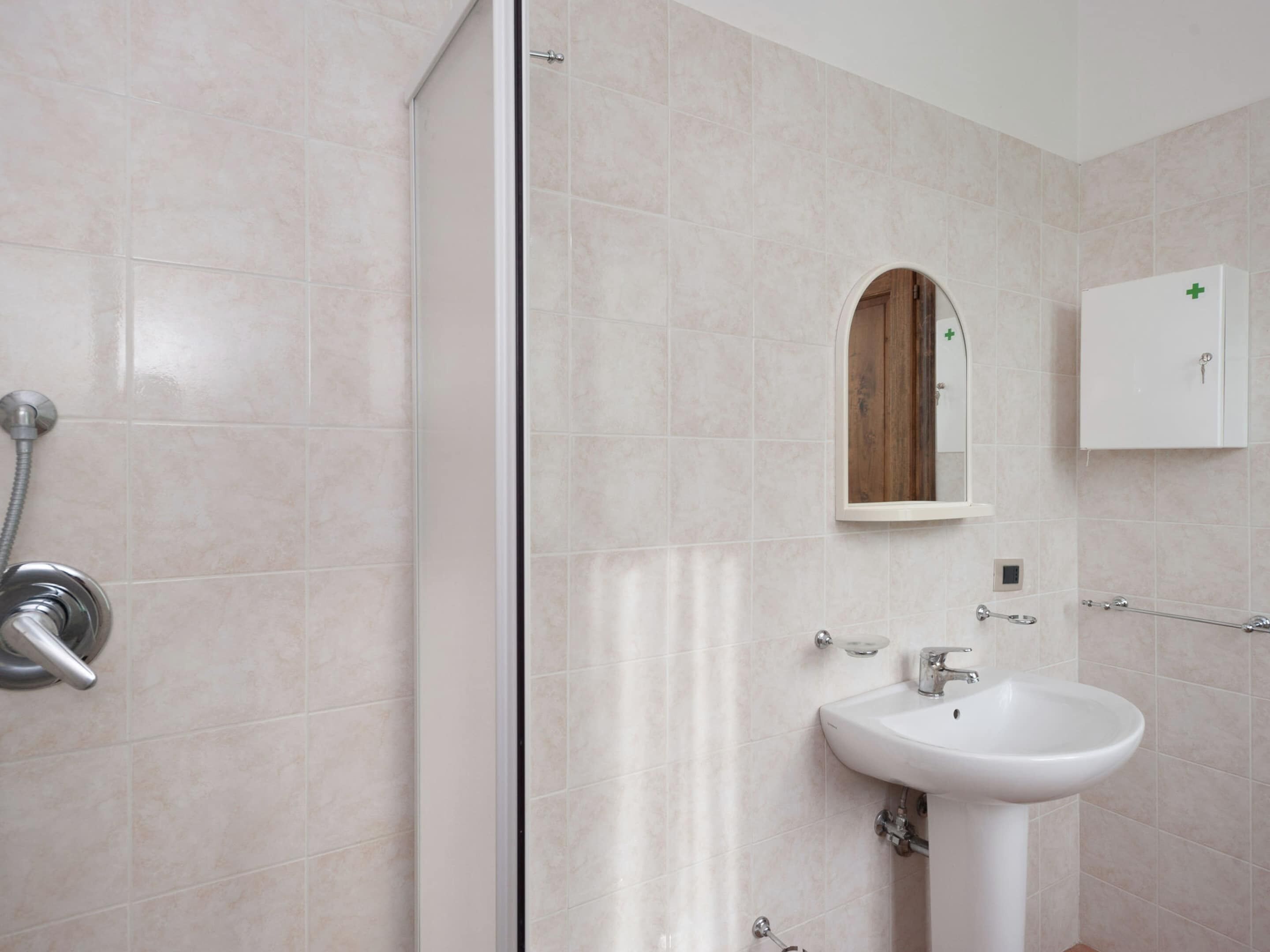 A bathroom with a shower, a sink, and a medicine cabinet.