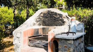 A stone-built outdoor oven with a brick base and a chimney, surrounded by greenery.