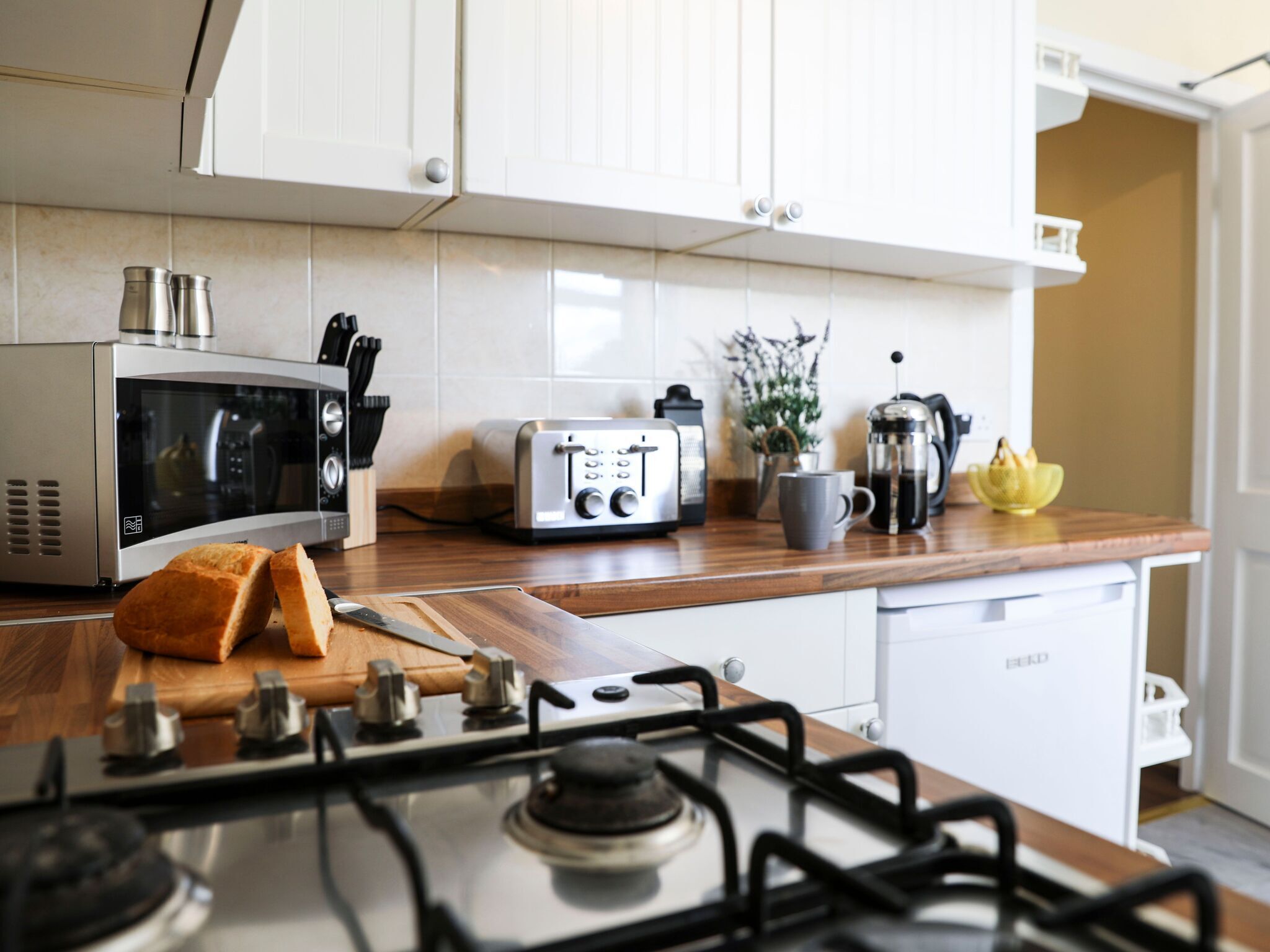 Fridge, microwave, oven, toaster