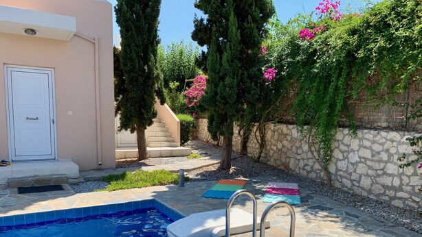 A swimming pool with a stone deck, a white door, and a stone wall with vegetation. - Beautiful, Modern, Luxuriously Villa, Private Swimming Pool 8 p NW Coast, Crete (Rethymno)