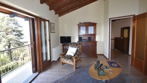 A living room with a wooden ceiling, a large window, a chair, a television, and a cabinet. - Rustic Villa With Lake Views (Trarego Viggiona)