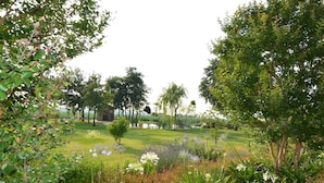 Un jardín con diversas plantas y árboles, un pequeño estanque y una estructura de madera al fondo.