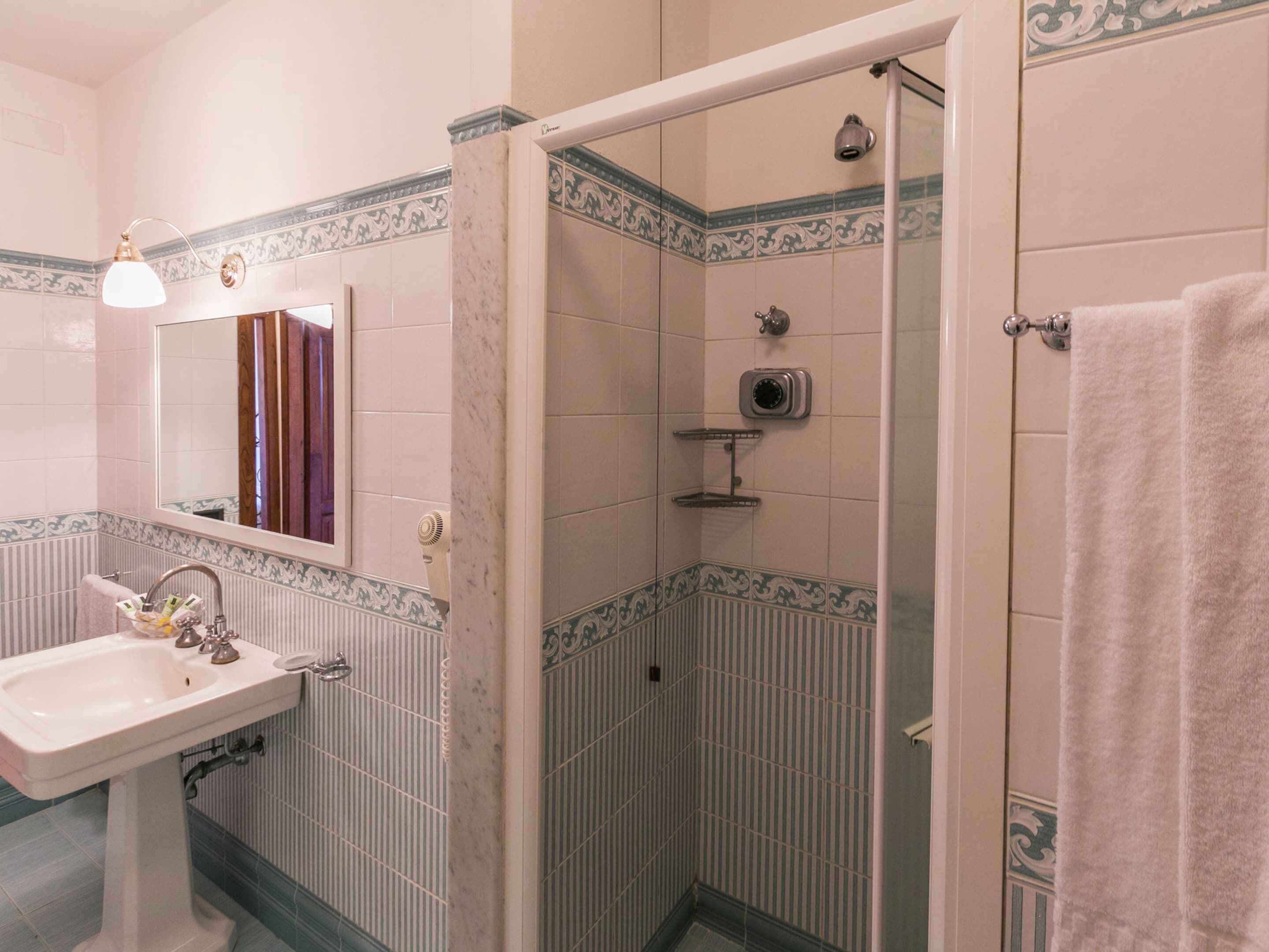 Baño con lavamanos, espejo, ducha y toallero.