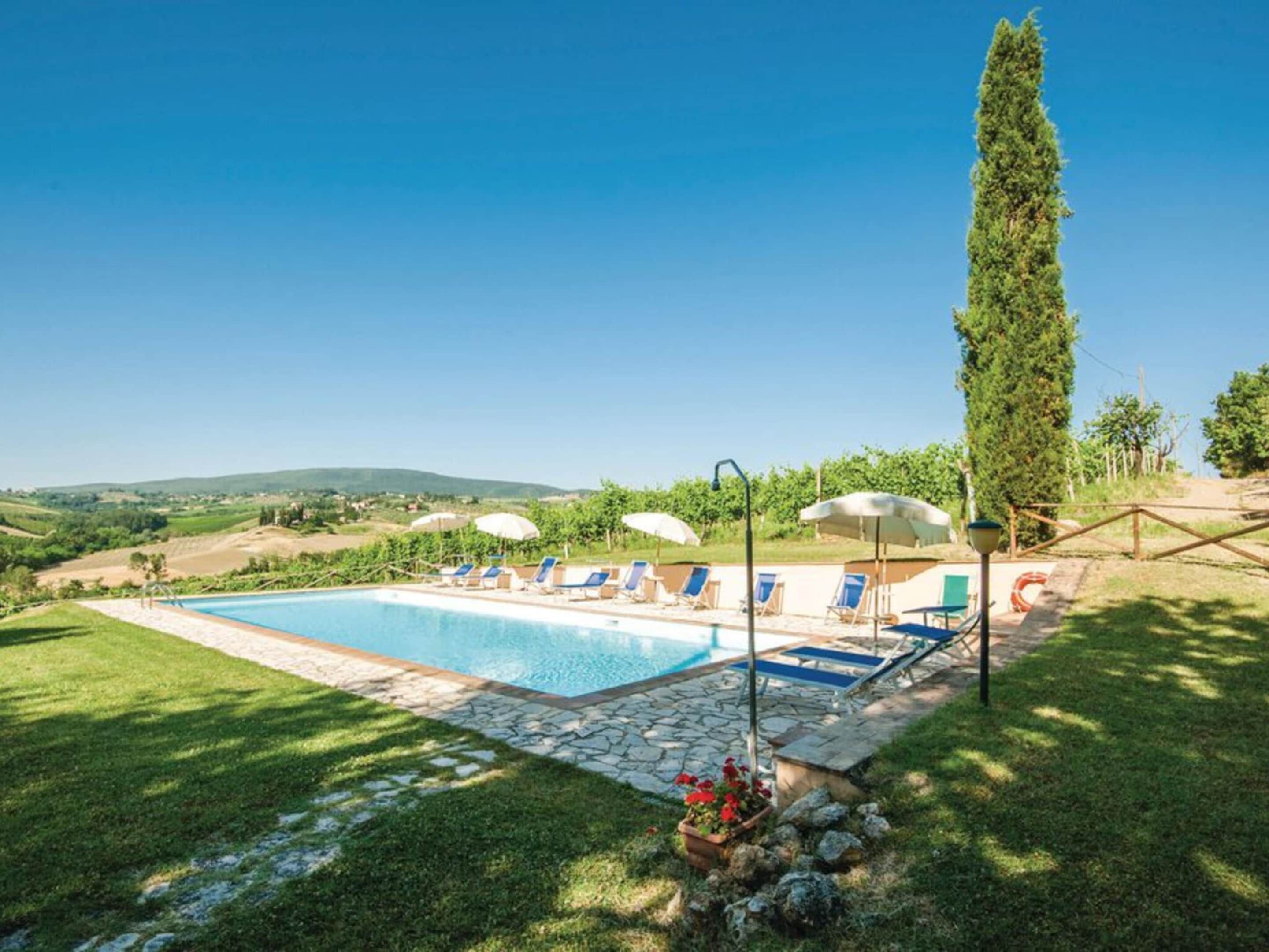 A swimming pool with lounge chairs and umbrellas, surrounded by a stone pathway and greenery.