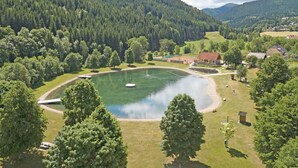 A lakeside property with a large pond, surrounded by dense forest and hills.