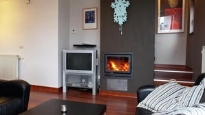 Ett vardagsrum med en öppen spis, en tv och två lädersoffor.