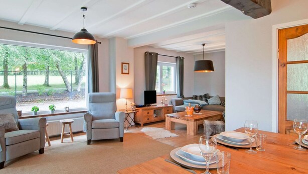 A cozy living room with a sofa, armchair, and coffee table. There is a TV, a lamp, and a dining table set with plates and glasses. - Scenic Stay in Xhoffraix (Malmedy)