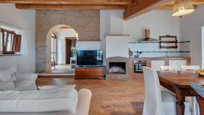 Un salon moderne avec une cheminée, un téléviseur et un coin repas comprenant une table et des chaises.