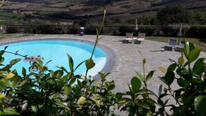 Une piscine entourée d’une terrasse en briques, avec des chaises longues et un parasol.