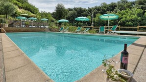 Piscina con sillones de descanso y sombrillas, rodeada de vegetación.