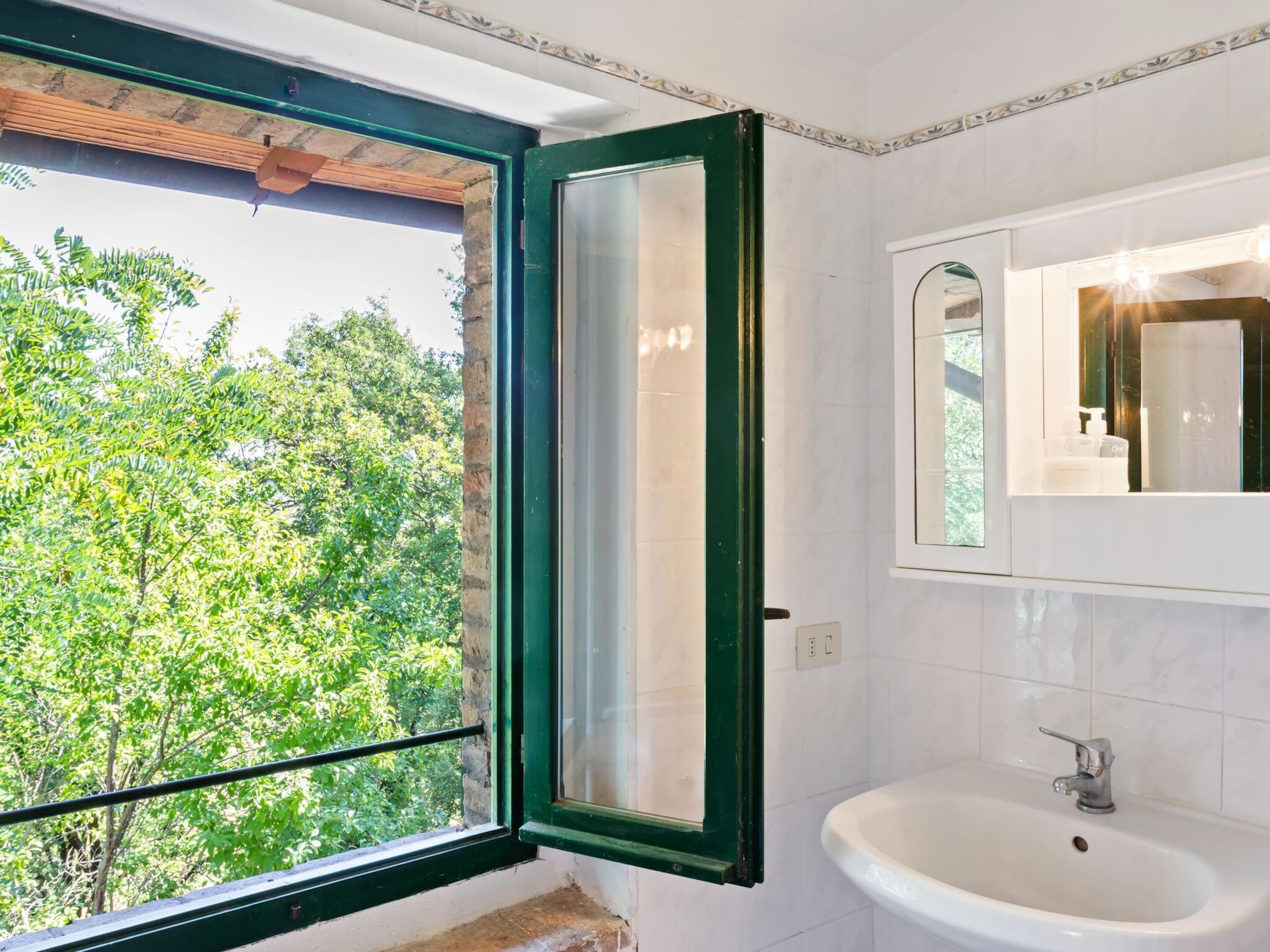 A bathroom with a window, a sink, and a mirror.