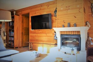 TV connectée, cheminée, livres