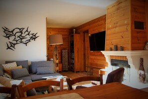 Smart TV, lareira, livros