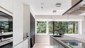 A modern kitchen with a large window, built-in appliances, and a minimalist design.