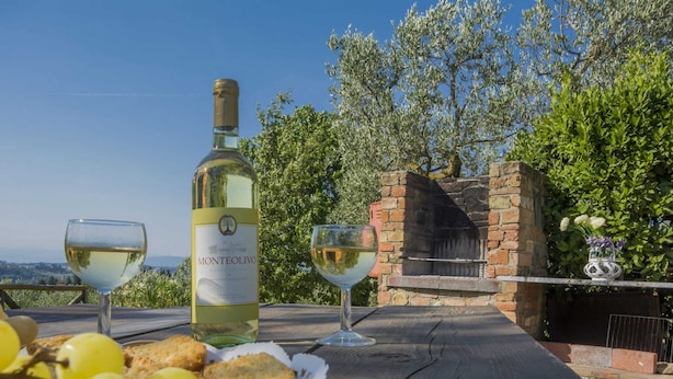 Eine Flasche Monteolivo Wein, zwei Weinkelche, ein Korb mit Trauben und ein rustikaler Tisch im Freien mit einem Backofen im Hintergrund.