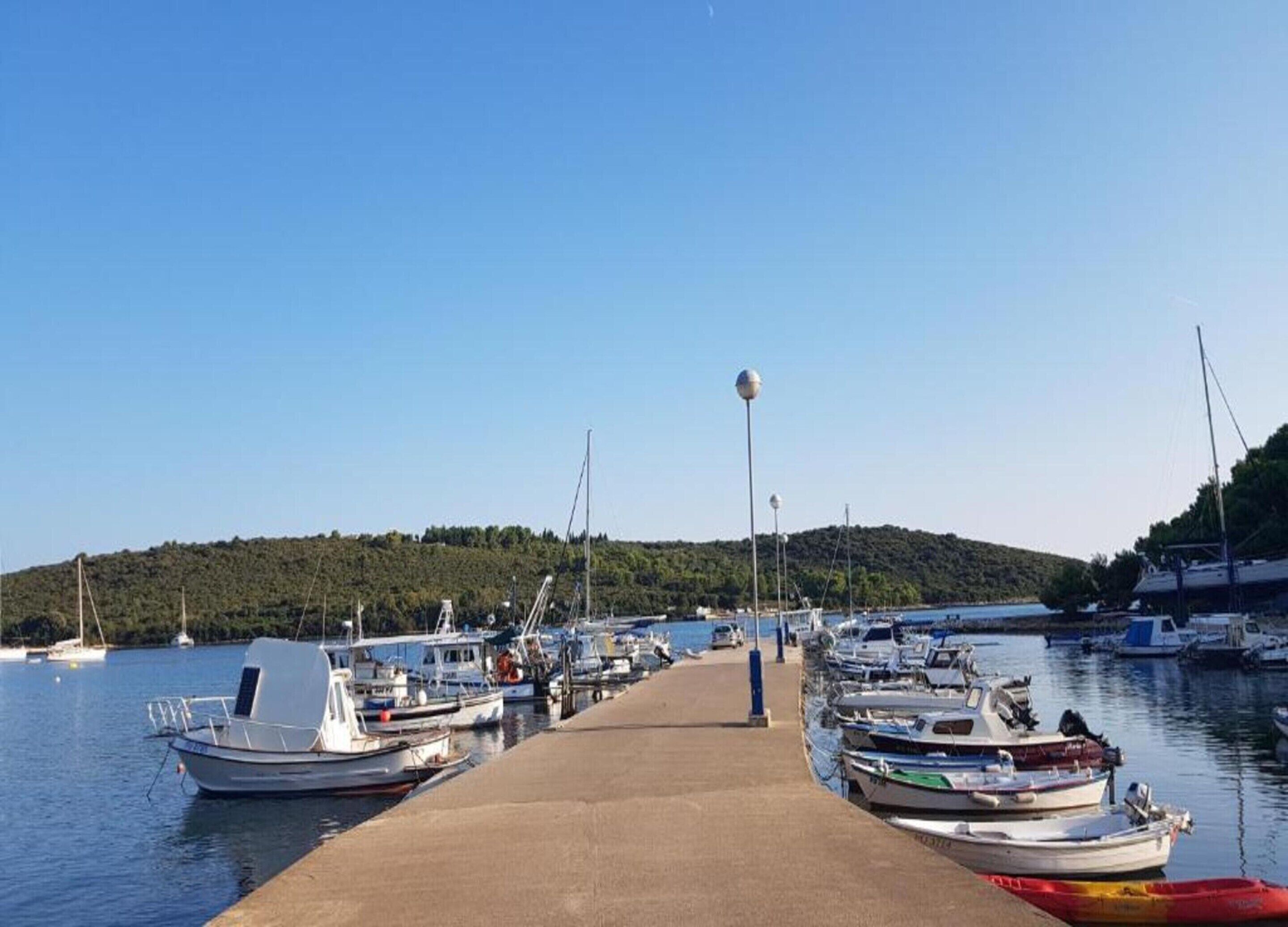 Un port de plaisance où des bateaux sont amarrés le long d’une jetée en béton, entouré d’eau et bordé d’une colline boisée.