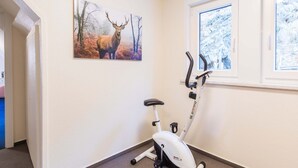 A room with a stationary bike, a window with a view of snow-covered trees, and a painting of a deer in a forest. - Holiday Home With Private Terrace (Clausthal-Zellerfeld)