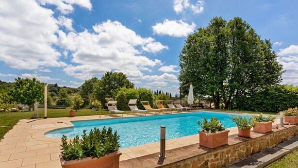 Una piscina rectangular con borde de piedra, rodeada de sillones de descanso y plantas en macetas.