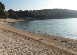 Surrounded by dense forest, this lakeside setting offers a serene escape with a pebble-strewn beach and a low stone wall along the shoreline.
