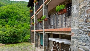 A stone building with balconies, potted plants, and a cobblestone courtyard. - Belvilla by OYO La Casa sul Fiume Piano Terra (Gallicano)