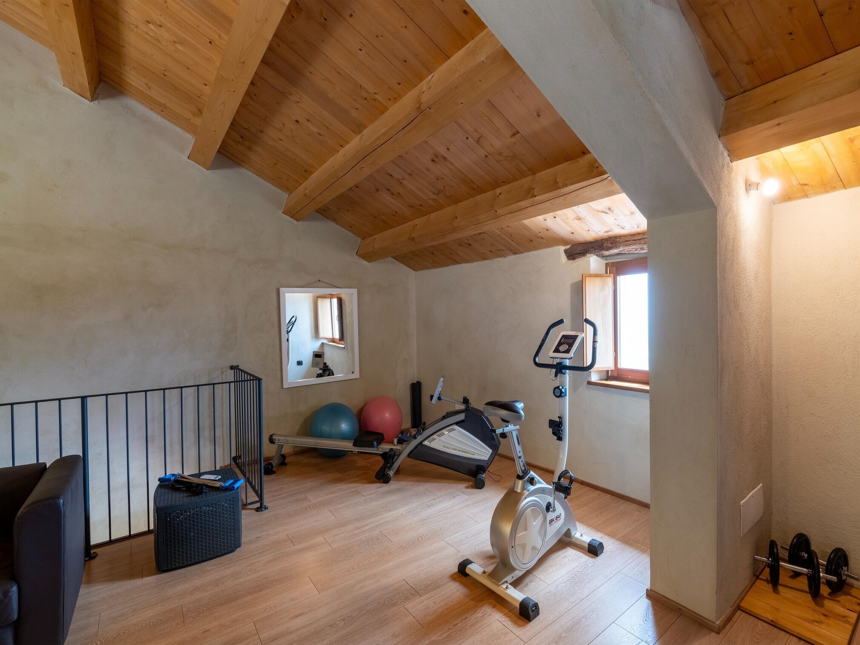 Ett gym med träningsutrustning, en spegel och ett fönster.
