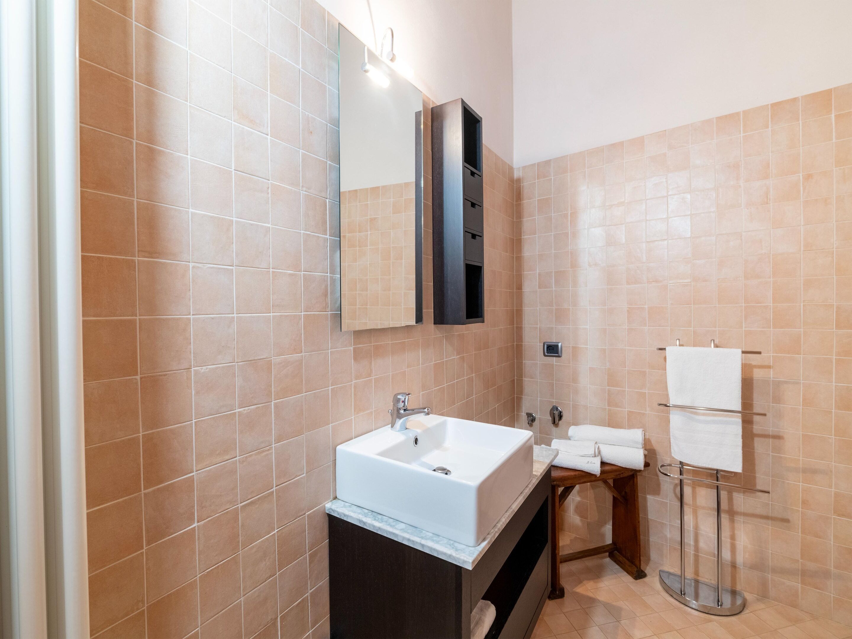 A modern bathroom with a large sink, a mirror, and a towel rack.