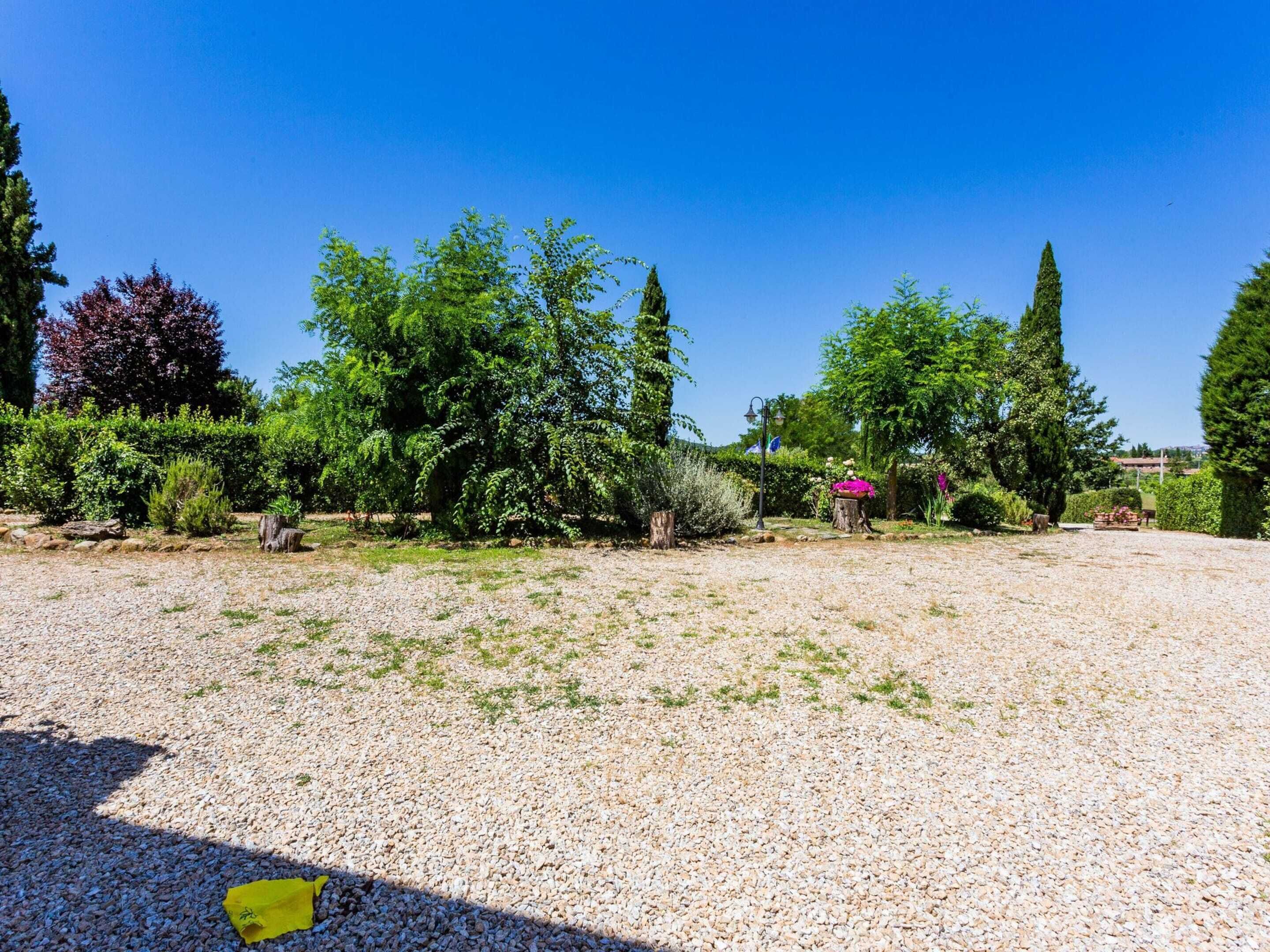 A gravel courtyard with trees and a wooden bench.