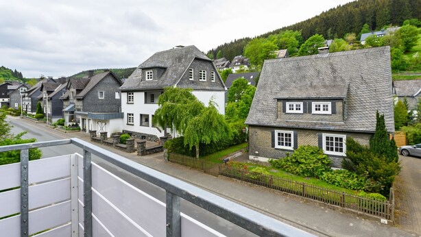 A residential street with houses, a metal fence, and a road. - Ferienhaus Bergfreiheit (Winterberg)