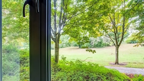 Blick durch ein Fenster auf einen üppigen Garten mit Bäumen und Sträuchern.