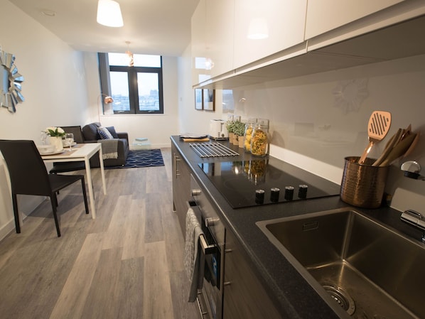 Fridge, microwave, oven, electric kettle
