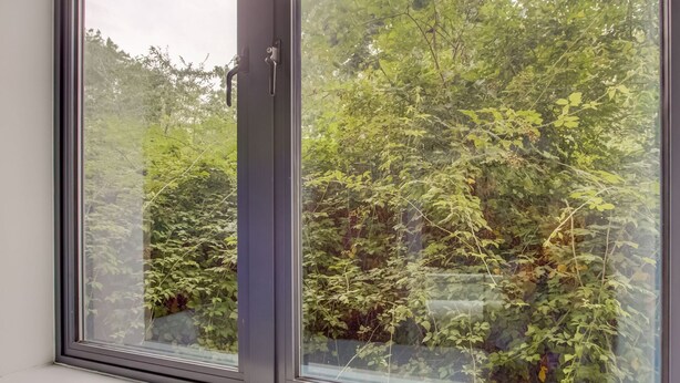 A window with a view of dense green foliage outside. - Simplistic Apartment in Milton Keynes near Willen Lake (Milton Keynes)