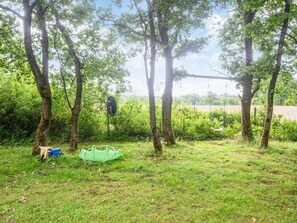 Un espace extérieur verdoyant, avec des arbres, une balançoire et une antenne parabolique.
