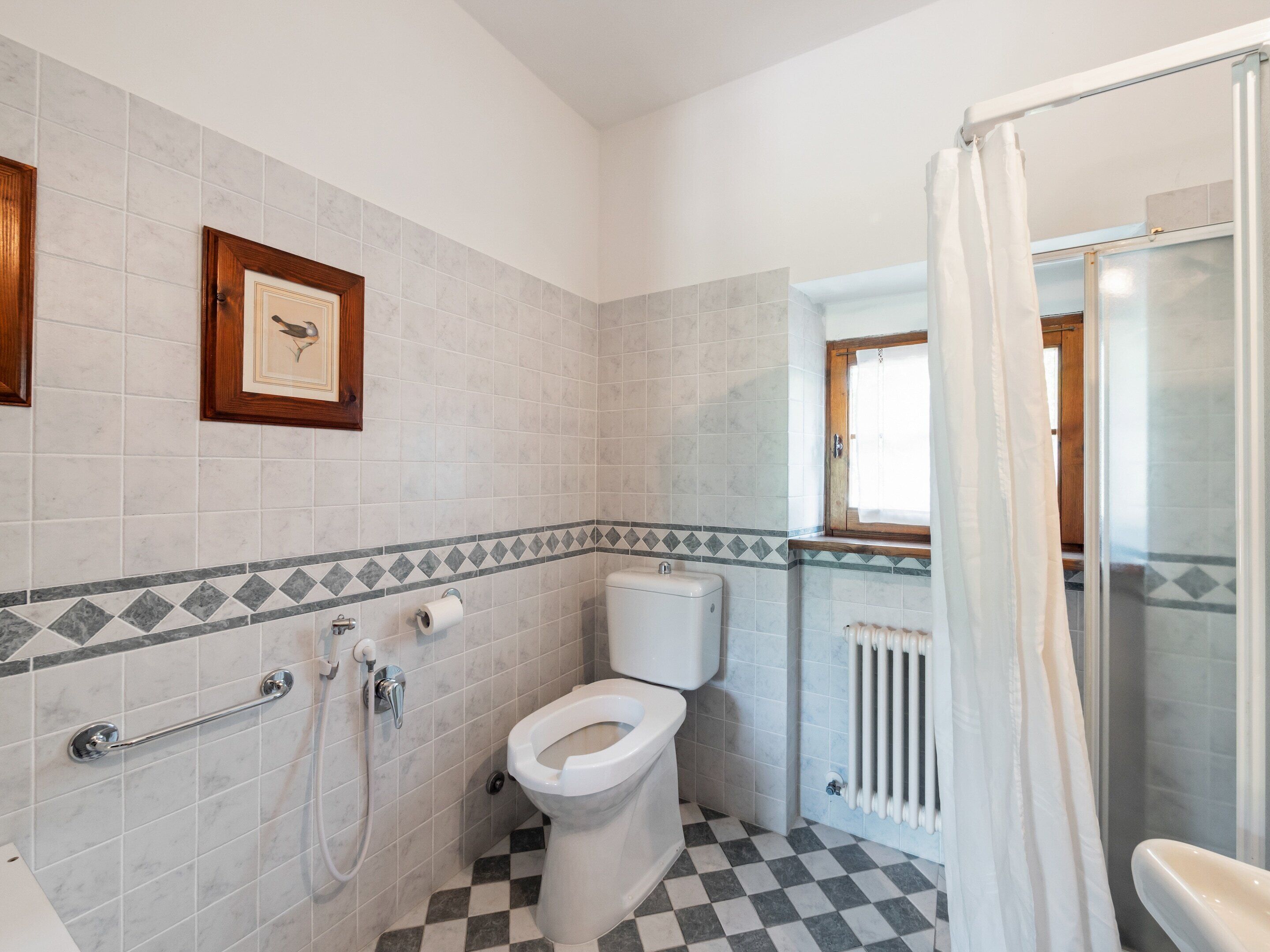 Ein Badezimmer mit Toilette, Dusche und Heizkörper.