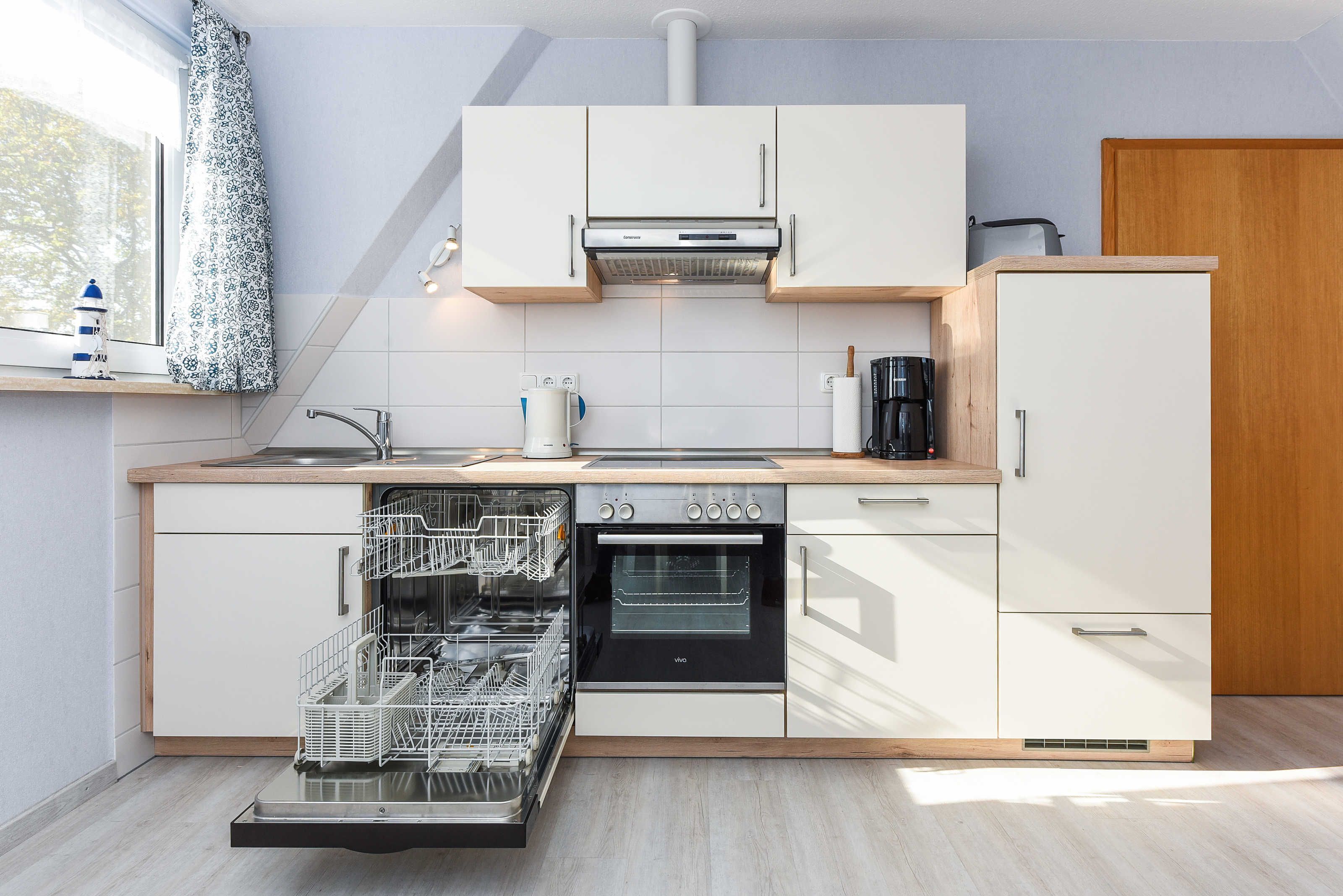 Fridge, oven, dishwasher, high chair